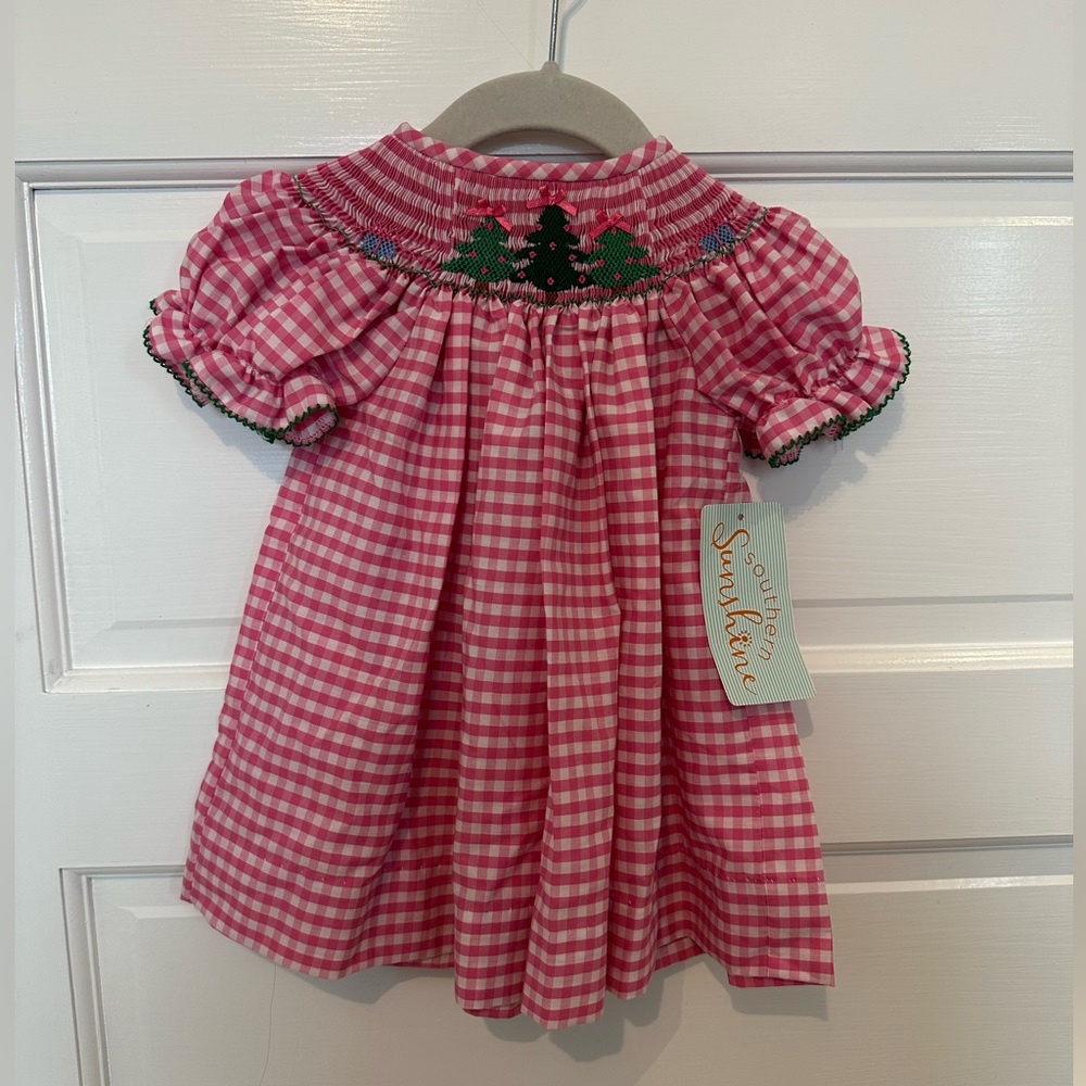 NWT Pink Gingham Christmas Tree Smocked Dress